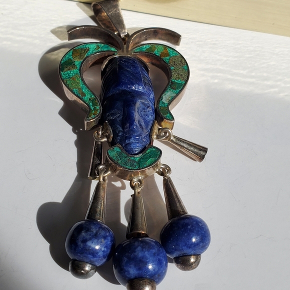 Watch Video / Sterling Silver 925 Native Face Pendant Turquoise / Lapis Lazuli